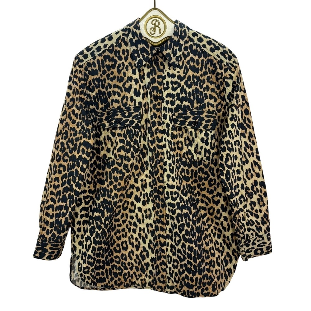 Ganni Leopard Print Button Down Shirt Oversized Relaxed Cotton Blouse MEDIUM